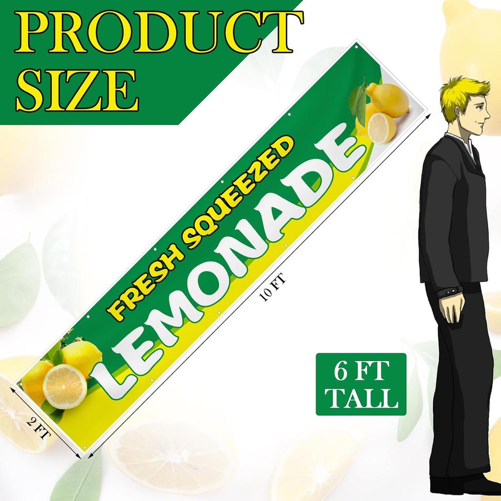 2 x 10 ft Lemonade Sign Vinyl Banner Fresh Squeezed Lemonade Stand Supplies Lemon Flag for Indoor Outdoor Business Restaurant Advertising Banner