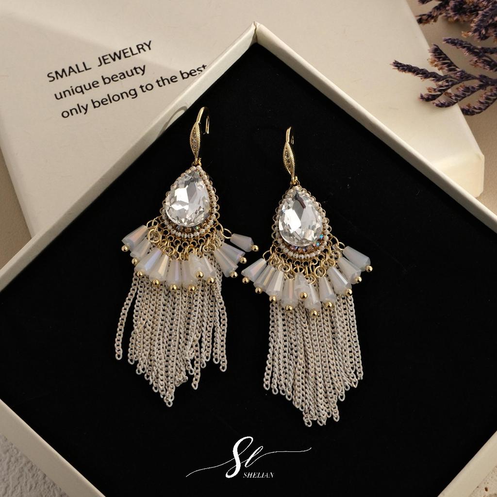 Palace-style heavy-duty long tassel earrings, original handmade hooks, exaggerated vintage zircon earrings, high-end earrings