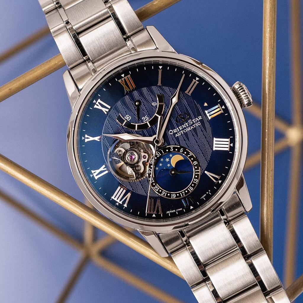 ORIENT STAR Автоматические часы M45 F7 Механические фазы Луны Механические Сделано в Японии 2 года внутренней гарантии Open Heart Navy [Orient Star]