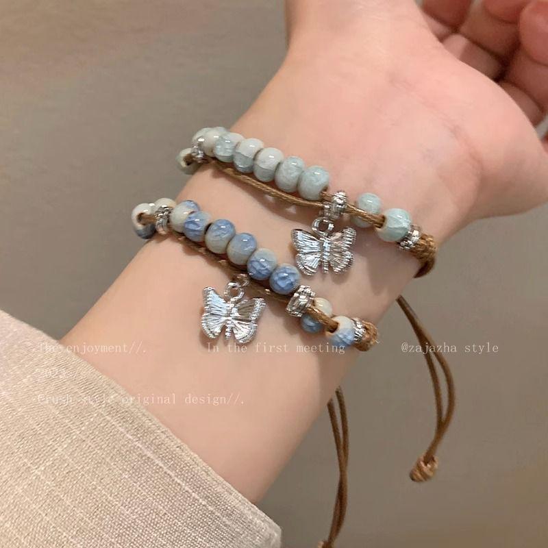 New Chinese-Style Butterfly Ceramic Beaded Woven Bracelet - Women's Summer 2023 Retro Ethnic Hand Jewelry