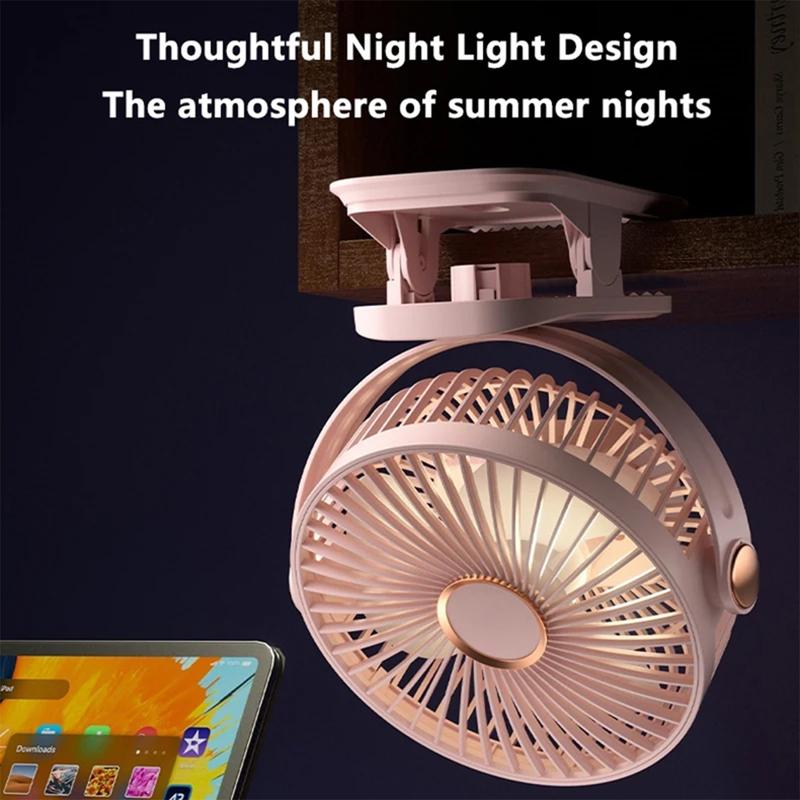 Small Fan 5-Speed Adjustable & 3-Mode Night Light USB Rechargeable Mini Fan for Outdoor 360° Rotatable Clip/Stand/Hang Design
