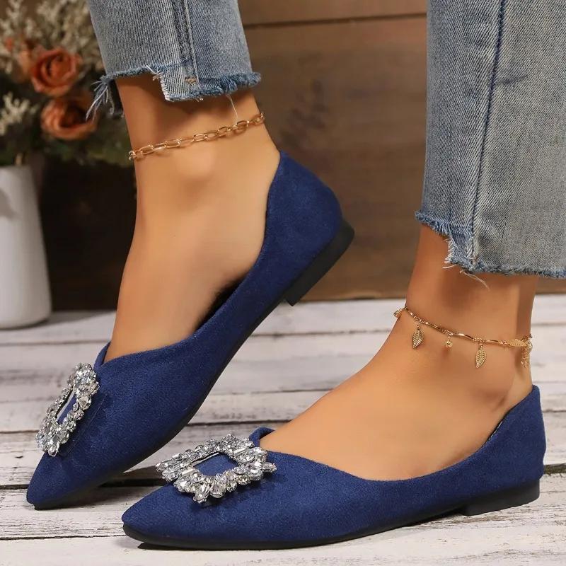 Women's Shoes High Quality Solid Color Pointed Toe Shallow Mouth Lightweight Comfortable Rhinestone Decorated Women's Flat Shoes