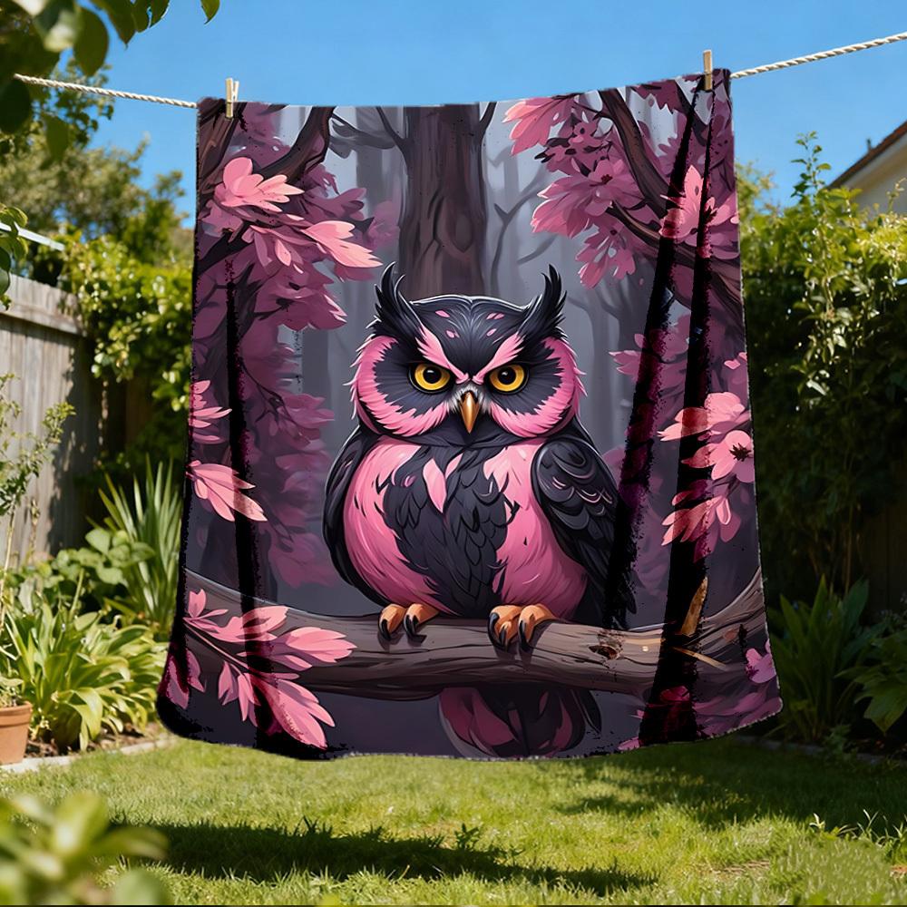 1 шт. Сова Ветвь Сакуры Плед из Полиэфирного Волокна, Легкий Фланель, Мягкий и Теплый, Для Всех Сезонов, Для Улицы, Кемпинга, Цифровая Печать
