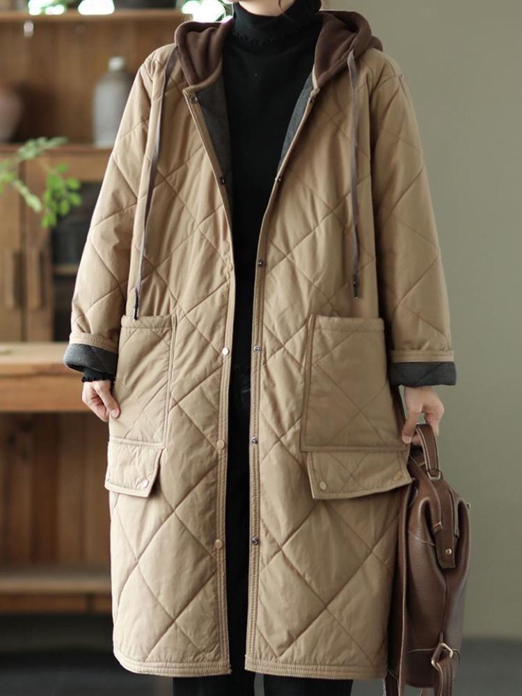 Осеннее винтажное пальто большого размера с капюшоном в виде ромба, женская зимняя новая хлопковая куртка, свободная повседневная куртка средней длины с контрастными цветами и подкладкой из хлопка