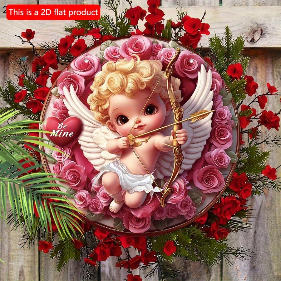 1 шт. 2d плоский очаровательный круглый деревянный знак Купидон и венок - 20 см подарок на День святого Валентина, весенний и фермерский декор для дома, стены и двери