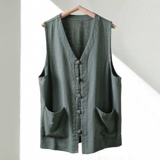 Мужской летний жилет однобортный в ретро-китайском стиле с завязками на пуговицах, свободный, без рукавов, с V-образным вырезом, накладными карманами, однотонный повседневный топ