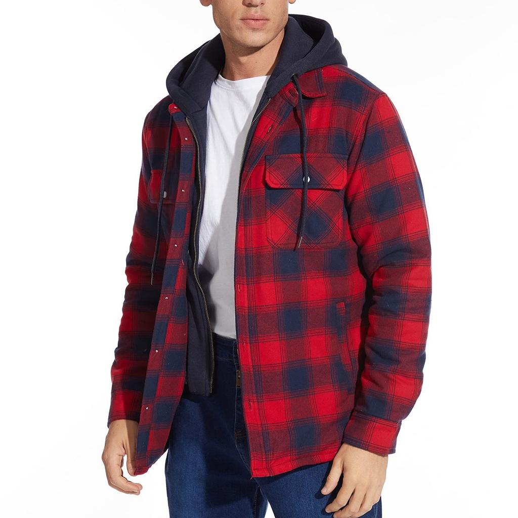 Men's Flannel Shirt Jacket with Removable Hood Plaid Quilted Lined Winter Coats Thick Hoodie Outwear Man Fleece Shirts