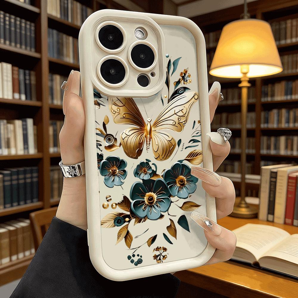 Golden Butterfly Teal Flowers Soft TPU Shockproof Case For Xiaomi Redmi Note 15 14 13 12 11 Pro Anti-Fall Protective Back Cover