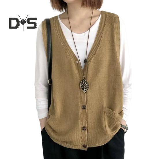 Женский вязаный жилет с V-образным вырезом без рукавов, однобортный теплый жилет, однотонный свободный крой, трикотажные майки с карманами