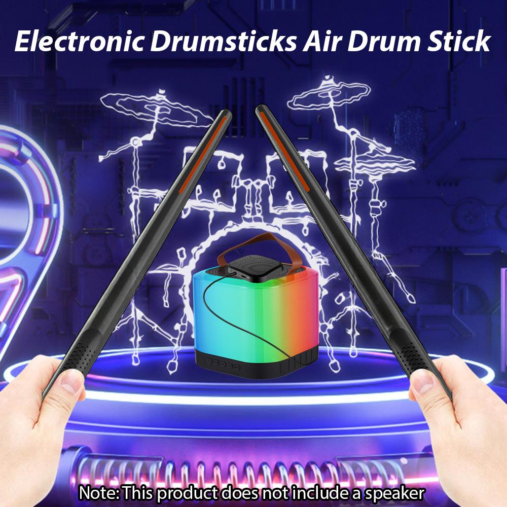 Electronic drumsticks with two foot pedals connectable to 16D speakers featuring low latency and a portable design