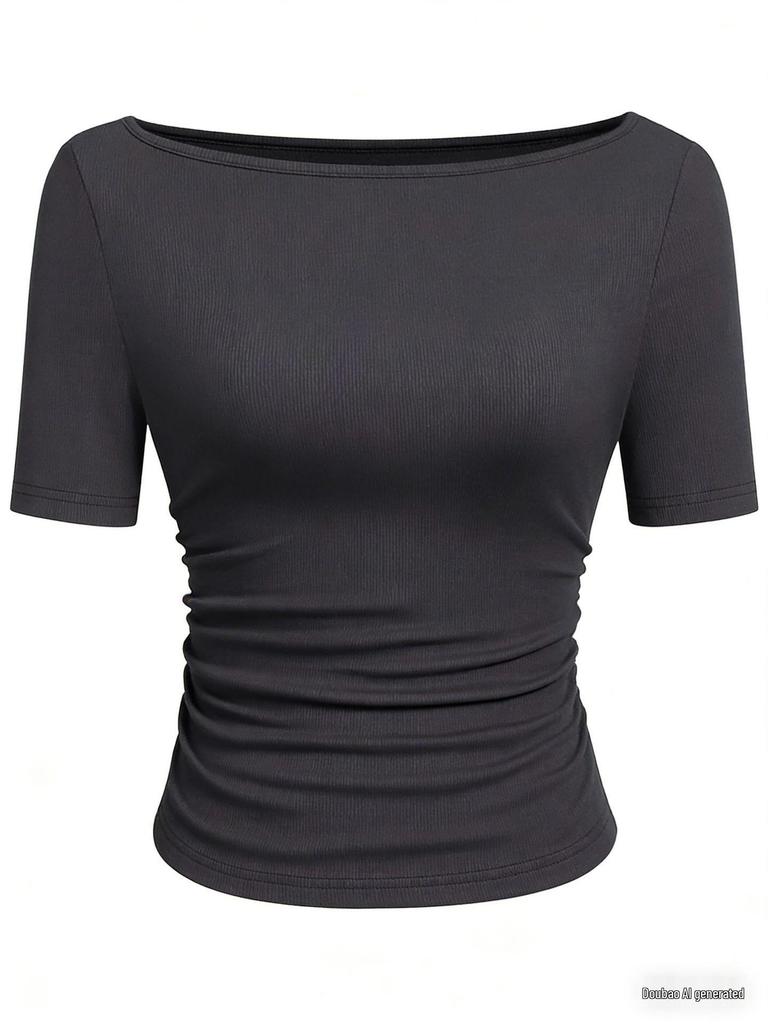 2025 Осень Приталенный женский топ с вырезом лодочкой, рукавами-колокольчиками и сборками - Однотонный, с длинным рукавом