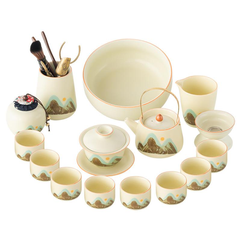 Ru Kiln Qingshan Kung Fu Tea Set Light Luxury Teapot Household Set Ceramic Retro High-end Tea Cup Complete Set