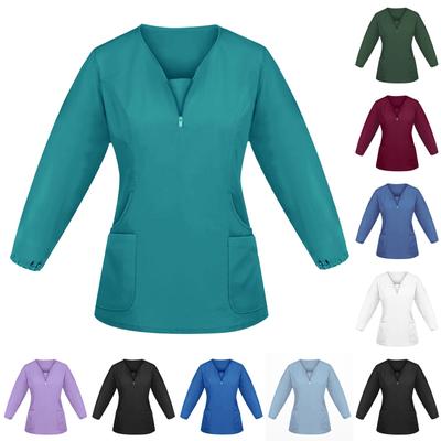 Женская модная рабочая одежда с V-образным вырезом, длинными рукавами, завязками и карманами, цветные топы и защитная одежда