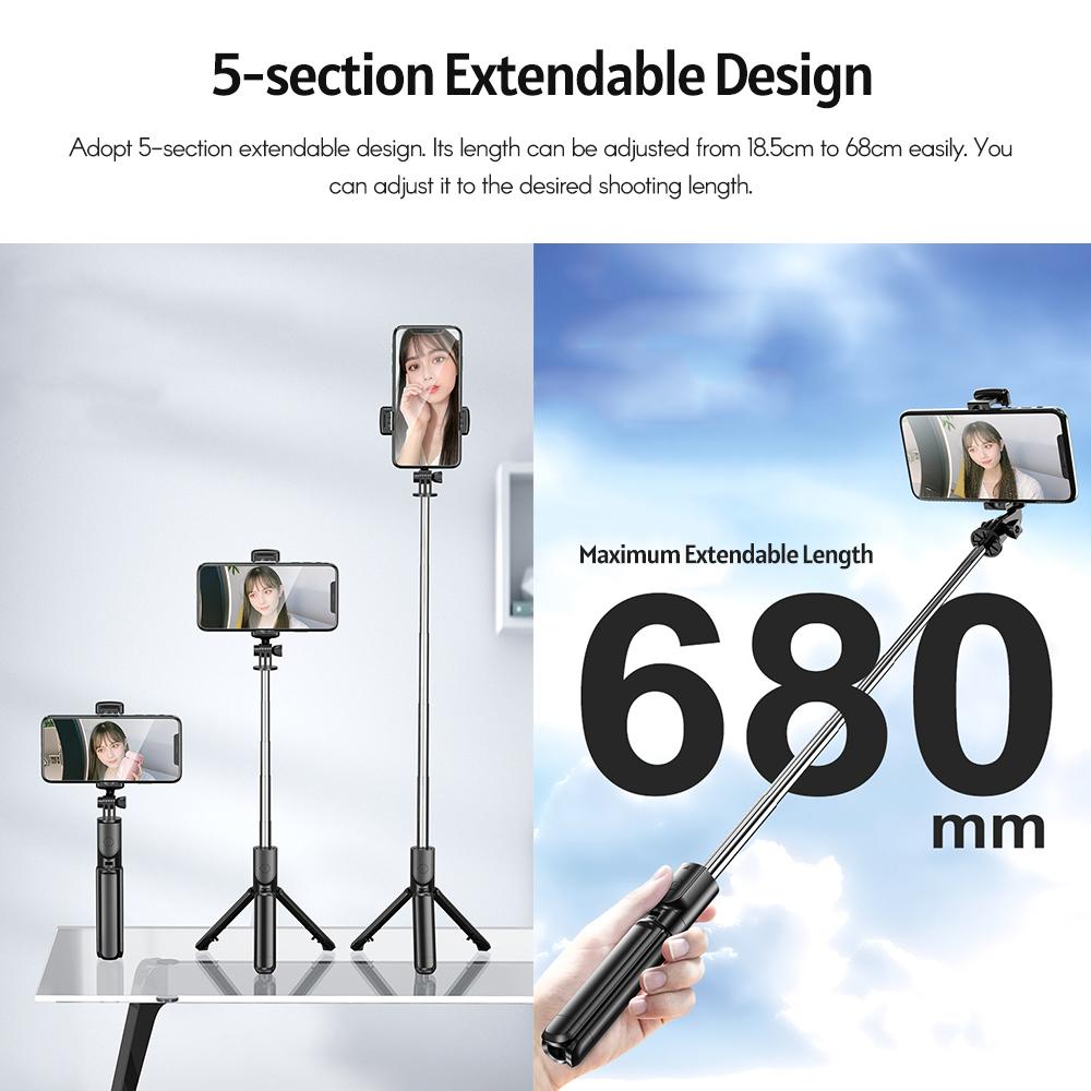 Мини 5-секционный выдвижной селфи-стик, интегрированный с настольным штативом, с BT пультом дистанционного управления, совместимый с Huawei