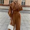 Европейский и американский осенне-зимний однотонный шерстяной топ с лацканами и повседневный комплект из длинных брюк