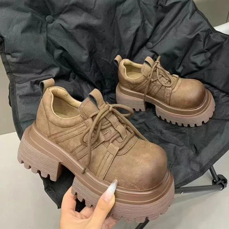 Platform Women Leather Shoes Flats Fashion Sneakers Woman 2024 Trend Autumn New Loafers Shoes Walking Cozy Lace Up Mujer Zapatos