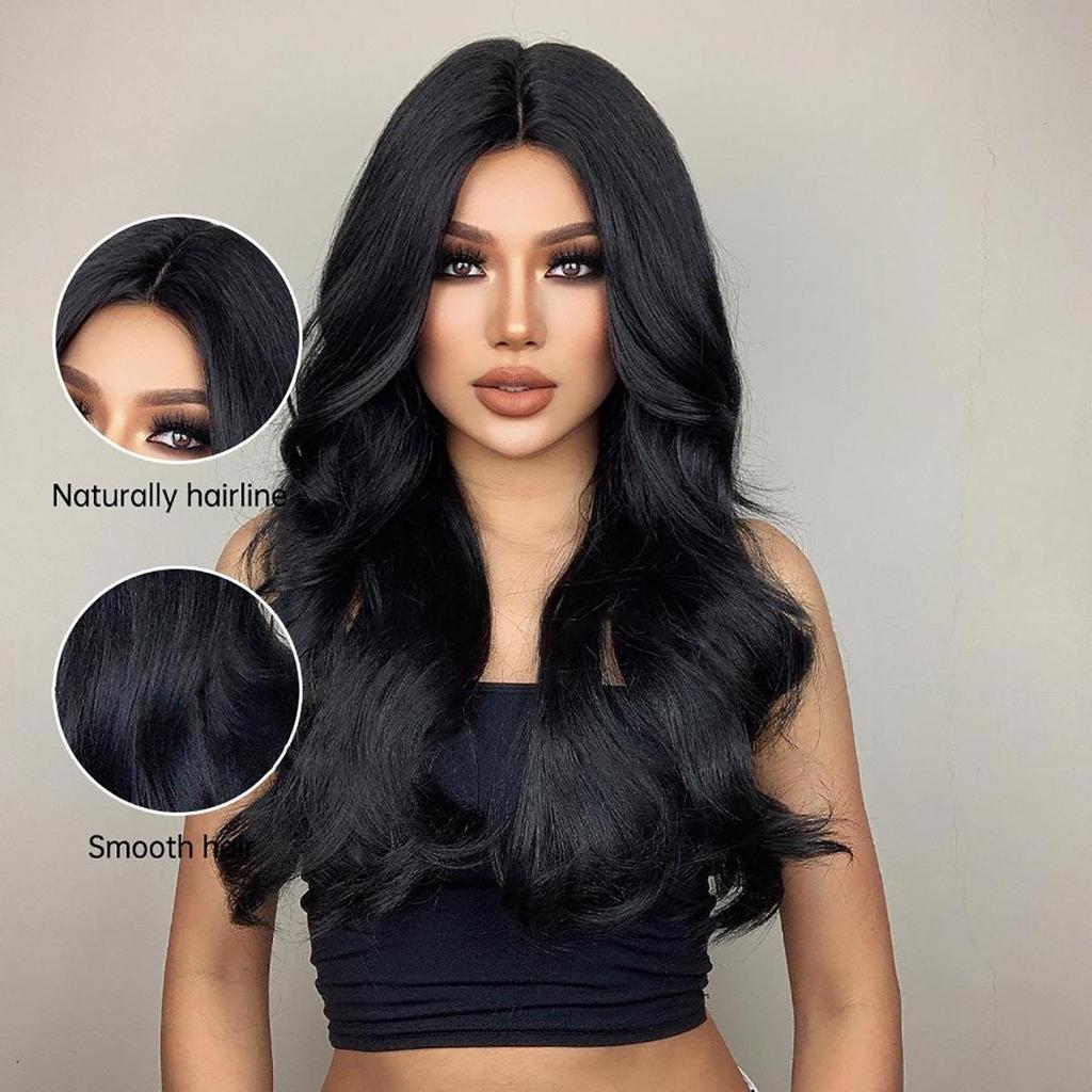 Women's 66cm Hair Black Long Curly Hair T-shaped Front Lace Rose Hair Net Headwear Pure Hand Woven Lace Wigs Kanekalon Wig