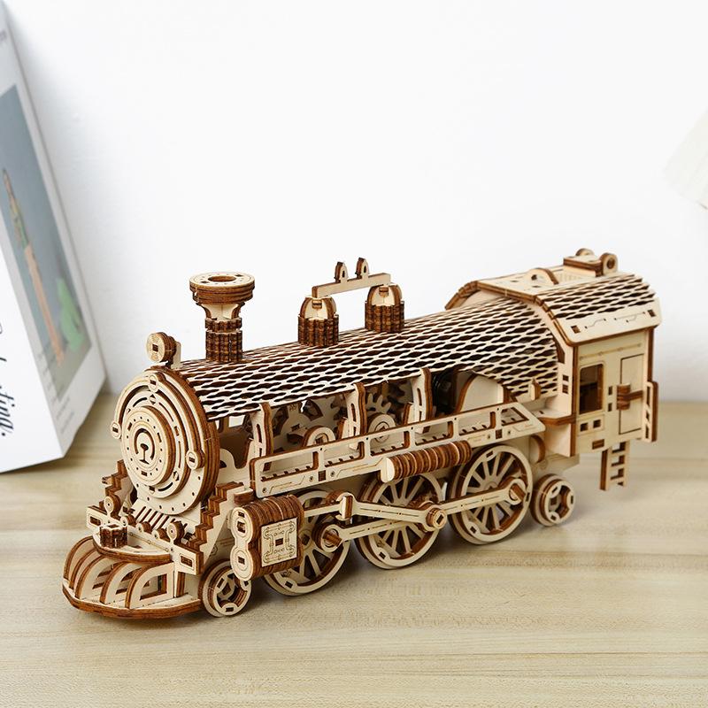 3D Wooden Puzzles For Adult DIY Model Block Kits Movable Steam Train Car Assembly Handmade Toy Hobby Creative Teen Kid Gift