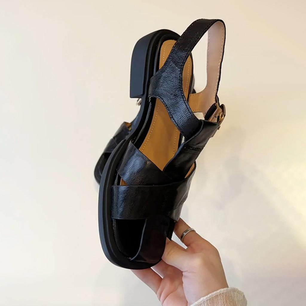 Sheepskin Version French Retro Leather Soft-soled Sandals Women's Summer Leather Low-heeled Roman Shoes