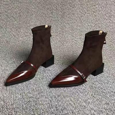 Женские короткие ботинки Зимние на толстом каблуке с острым носком Женские кожаные туфли Ретро коровья кожа вставками Короткие ботильоны Тонкие ботильоны