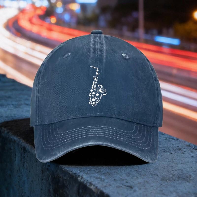 Saxophone Music Note Baseball Cap Washed Denim Adjustable Casual Sports Snapback Hat
