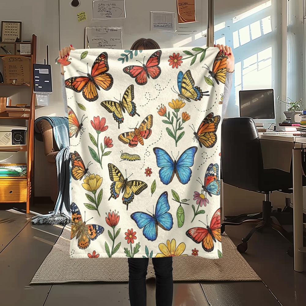 1PC Jewel Butterfly Print Flannel Blanket, High quality All Seasons, Home Decor, Warmth and Comfort, Perfect for Christmas Gifts