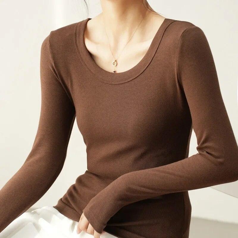 Модная футболка из чистого хлопка с U-образным вырезом, женские топы с длинным рукавом, свободная тонкая женская футболка, осенние однотонные женские повседневные футболки 30530