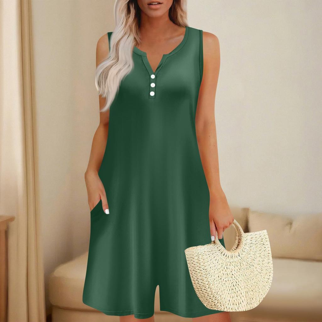 Women's Fashionable And Casual Sleeveless Button-pocket One-piece Shorts