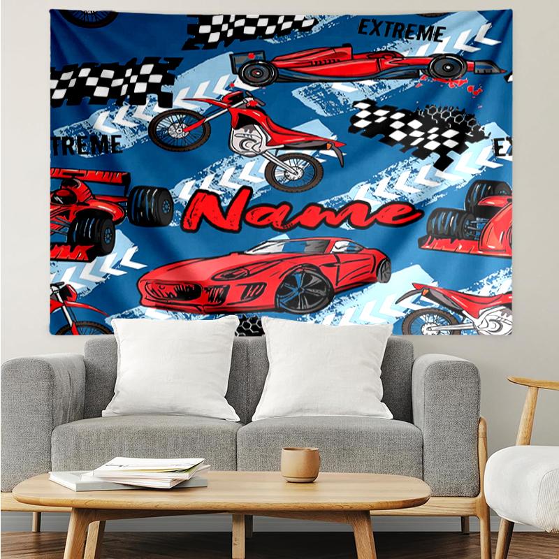 Custom Name Racing Print Tapestry, Backdrop, Easy Setup, Ideal for Bedroom, Office & Living Room, with Aesthetic Wall Hanging Decor.