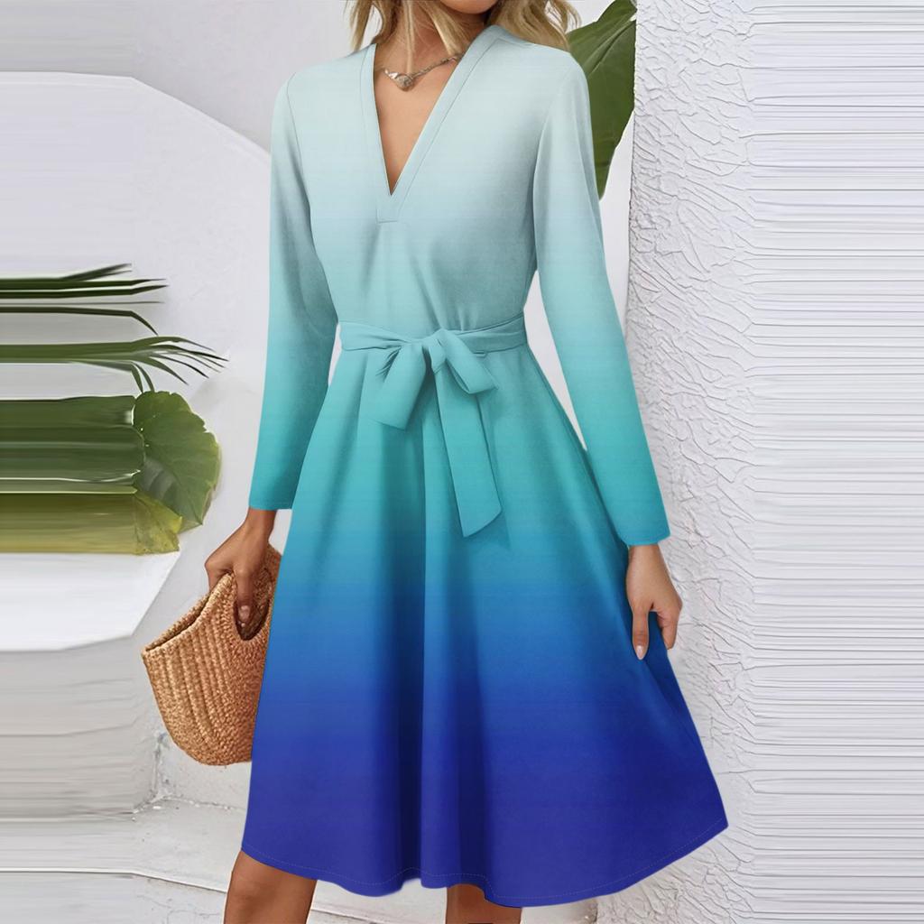 Женское модное повседневное платье миди с V-образным вырезом, длинными рукавами, приталенное, с градиентным принтом