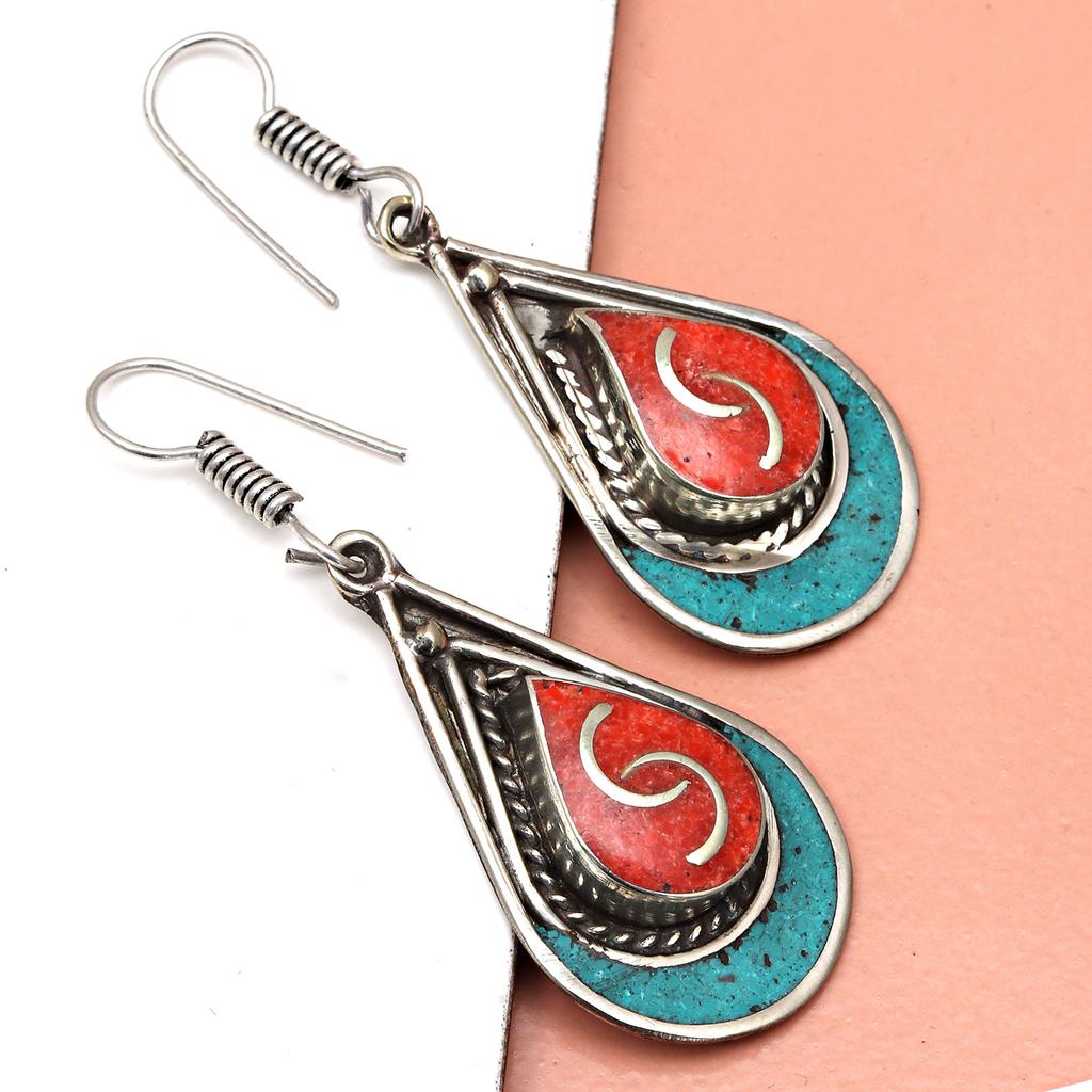 Nepali Tibetan Turquise Lapis Lazuli Gemstone Silver Jewelry Earring 1.5''