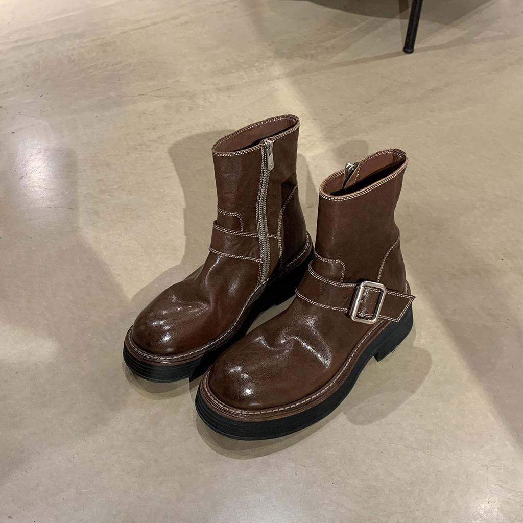 Виноградная мать те же ретро круглый носок толстый каблук ботинки-локомотивы темперамент универсальный ремень с пряжкой боковая молния полусапожки женские осень и зима