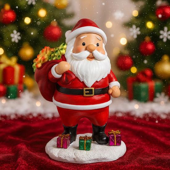 Lighted Santa Claus Figurines Resin Santa Sculpture with Gift Bag On Back Solar Powered