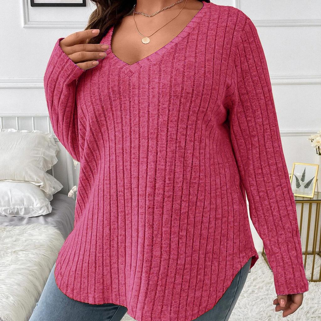 GMXIA Осень-зима, однотонный женский топ больших размеров с v-образным вырезом и длинными рукавами, шерстяная футболка в полоску, свободный чехол