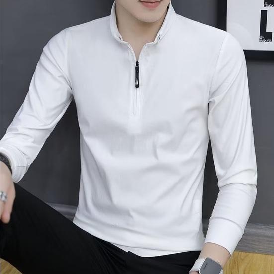 Весна Осень Мужская Рубашка Длинные Рукава Половина Молнии Slim Fit Стоячий Воротник Однотонный Пуловер Средней Длины Повседневная Одежда Деловой Офис Топ