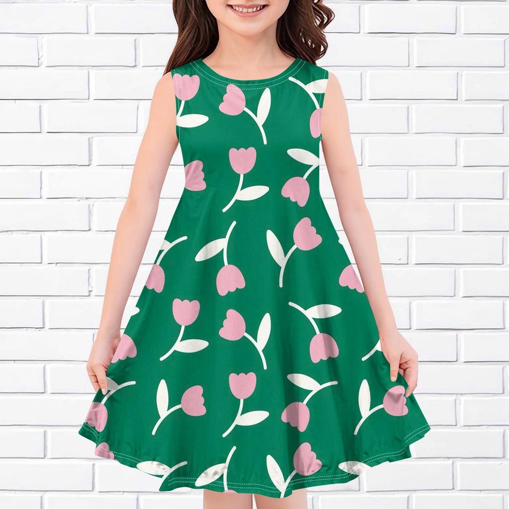 Детское летнее повседневное модное платье без рукавов с круглым вырезом и принтом