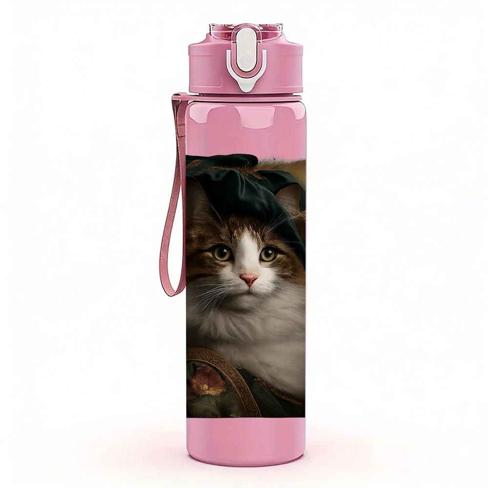 1PC Cat With Dark Mask Face Markings 750ml Color Plastic Sports Water Bottle Leakproof Flip Straw Lid Suitable for Sports Office Home Use