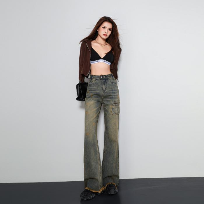 Ретро Выстиранный Синий Желтый Американская Легкая Рабочая Одежда Брюки Широкие от Бедра для Женщин Осенью и Зимой Джинсы в Пол для Женщин Осенью и Зимой