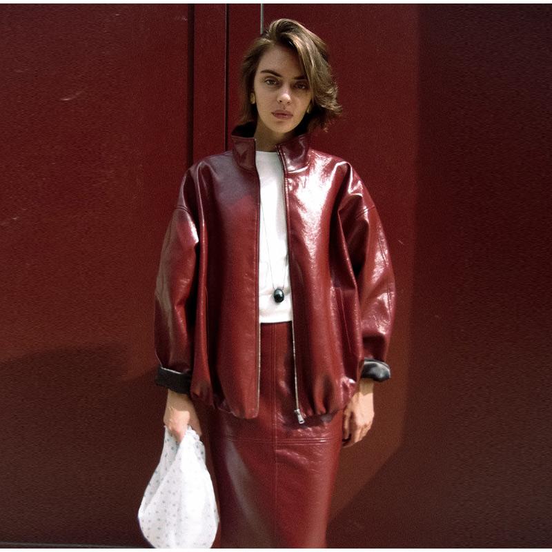 Женская зеленая кожаная куртка со стойкой воротником, модная, на молнии, длинная, свободного кроя, верхняя одежда, шикарная, 2025, новая осенняя мода, уличный стиль, женская одежда