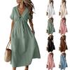 Женское свободное повседневное платье с V-образным вырезом и короткими рукавами, удобное однотонное платье с эластичной талией
