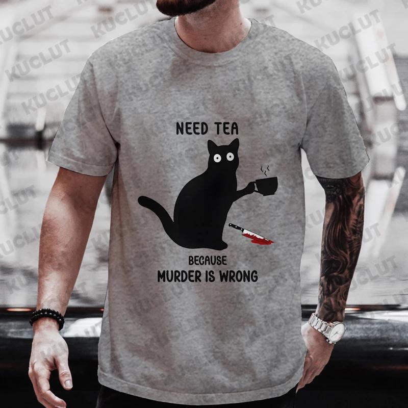 Men's Street Wear Cat Lover Funny Coffee Because Murder Print T-shirt Short Sleeve O-neck Streetwear Summer T Shirts Men
