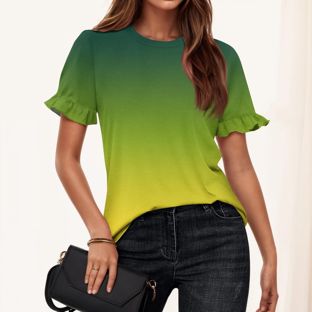 Женская летняя футболка с коротким рукавом и рюшами с принтом и круглым вырезом