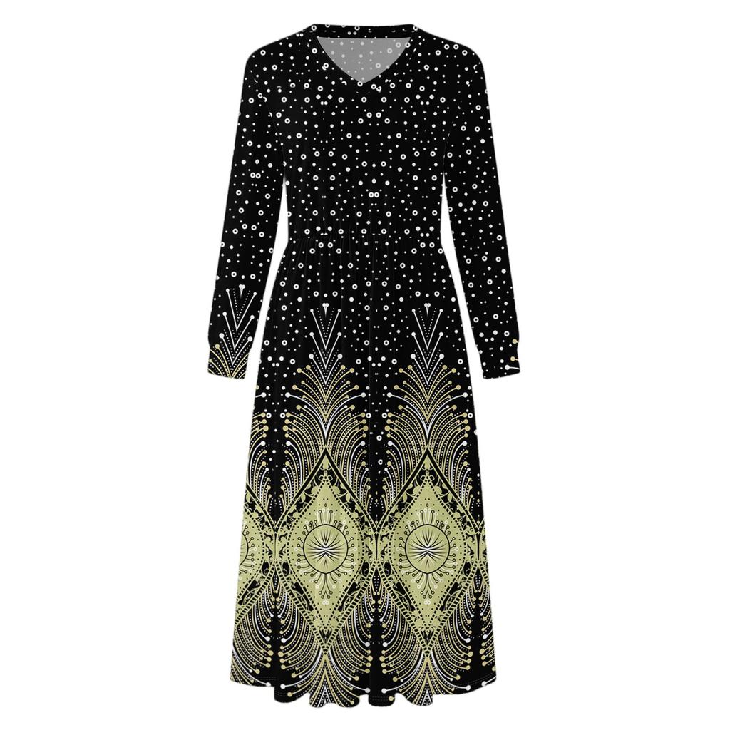 Dress For Women Long Boho Beach Dress Elegant Maxi Dress V-Neck Long Sleeve Dress With Pockets