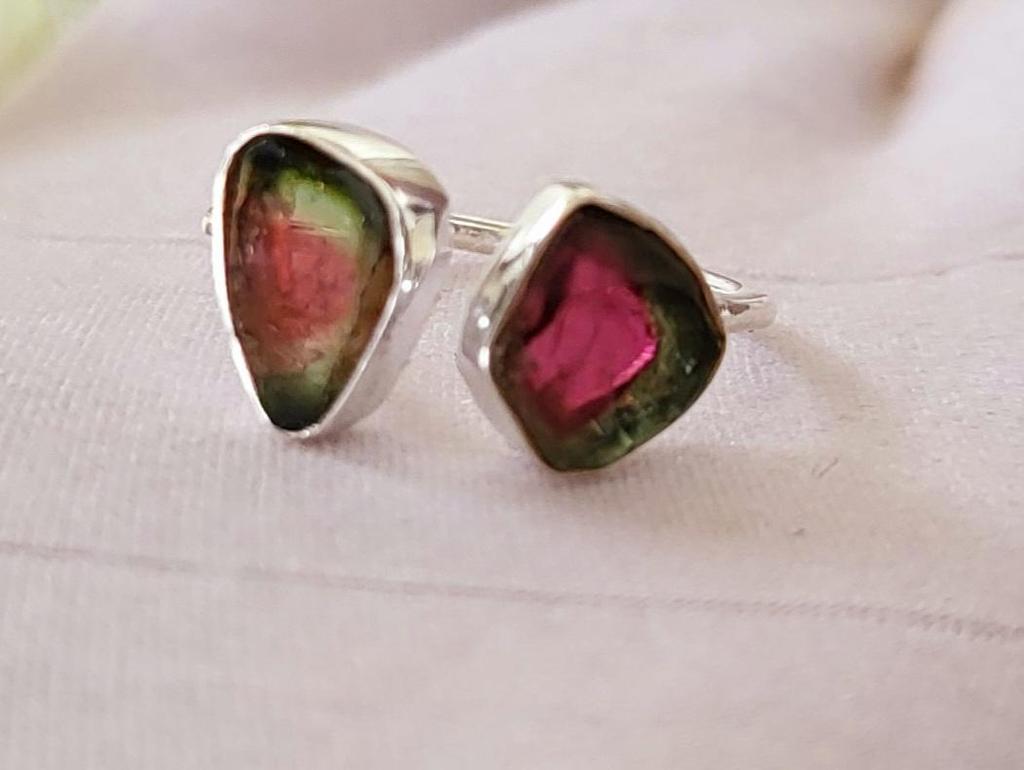 Natural Two Raw Watermelon Tourmaline 925 Sterling Silver Ring 7 US Gift, A 52