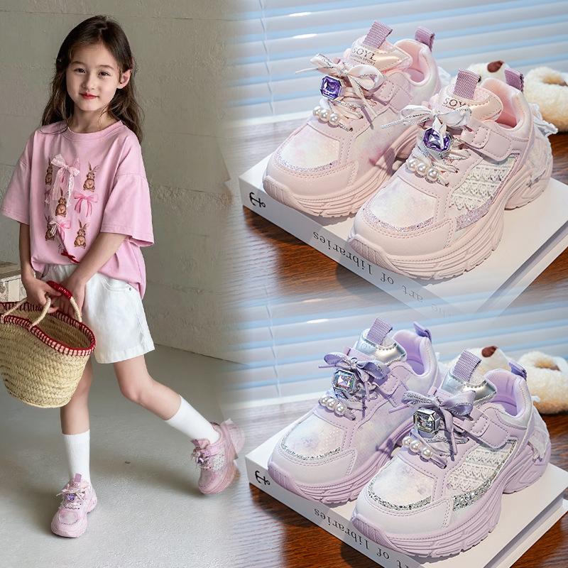 Детские кроссовки для девочек 2025 осень новая модная модель в иностранном стиле для маленькой девочки кружево жемчуг детская спортивная обувь кроссовки для бега