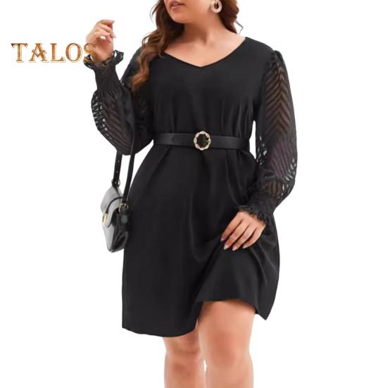 Платье больших размеров с V-образным вырезом, кружевной отделкой, расклешенным длинным рукавом, мини-платьем с высокой талией, однотонное повседневное мини-платье