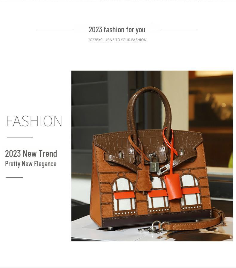 Cowhide Crocodile Contrast Color Platinum Shoulder Handbag - Genuine Leather Women's High-End Messenger Bag