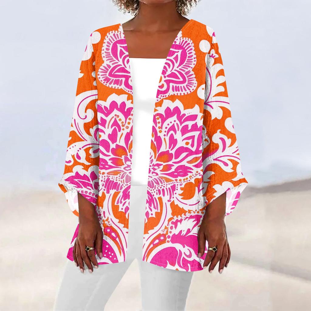 Women's Casual Fashion Caot Retro Printed Lightweight Medium Length Jacket Cardigan