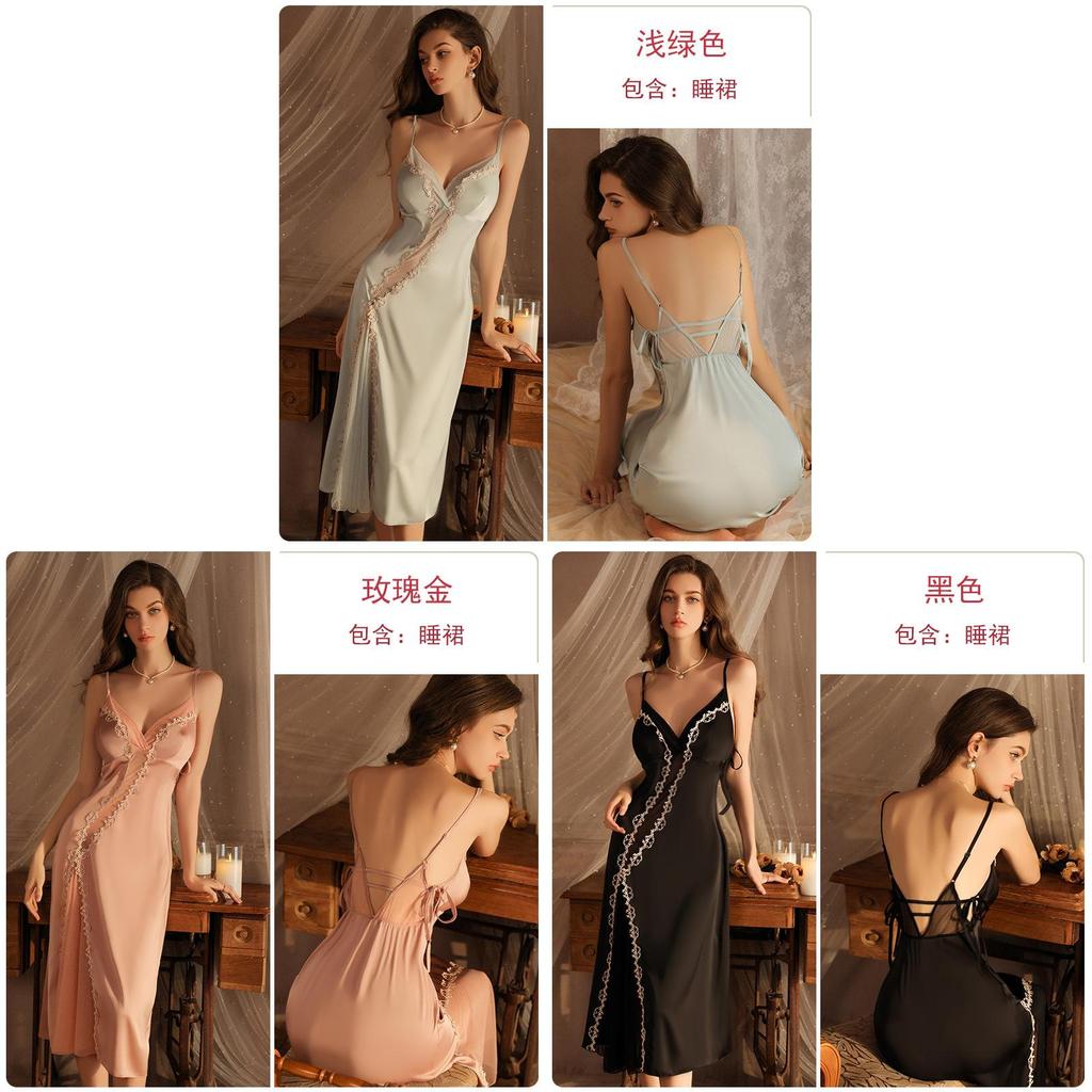 Long Silk Sleepwear Set With V Neck Sleeveless Design For Women Relaxation