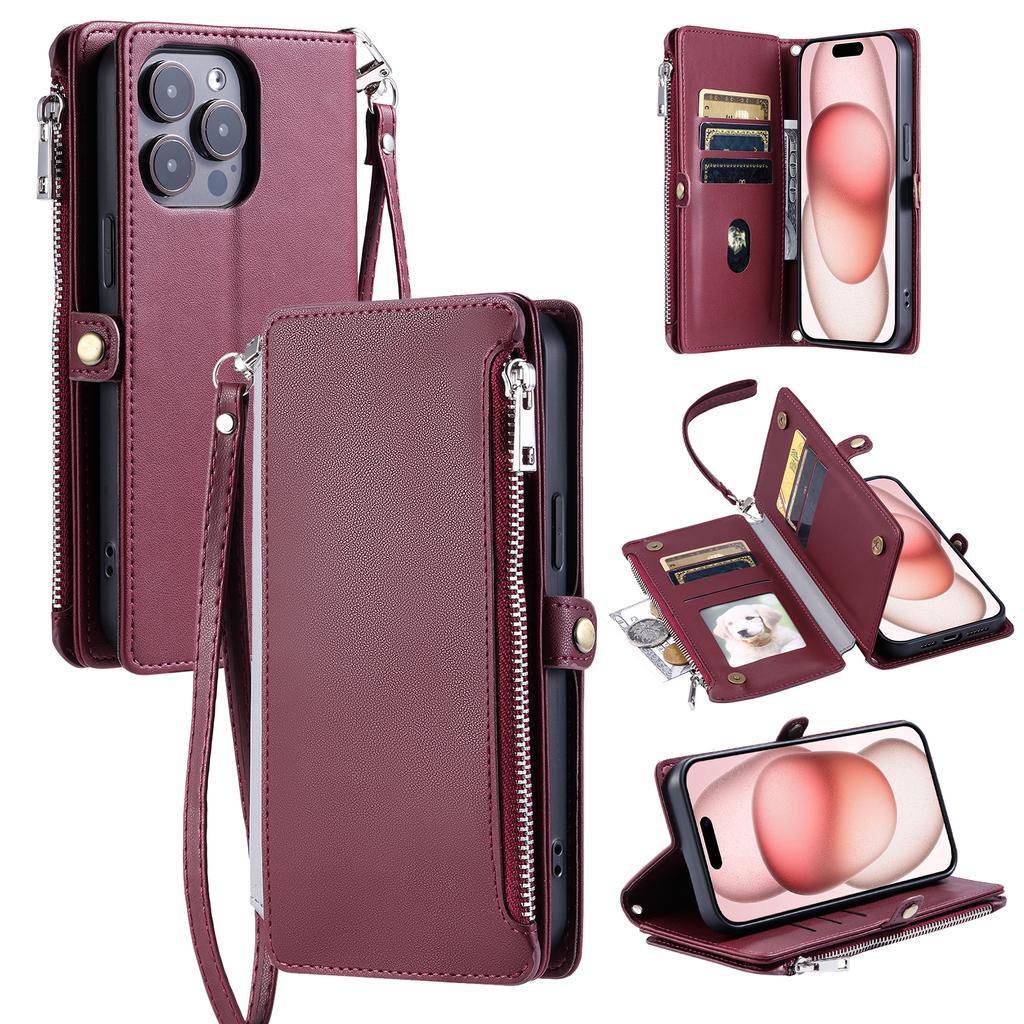 015 Style For iPhone 16 Pro Case Protective Leather Wallet Phone Cover with Straps